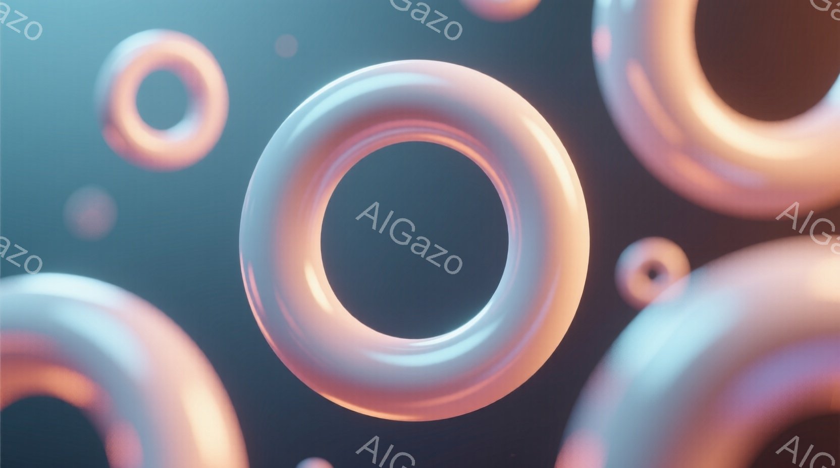 鮮やかなピンクと水色のドーナツ状のリングが、濃い青色の背景に浮かんでいます。リングは光沢があり、柔らかい光が反射して、夢のような雰囲気を醸し出しています。抽象的でミニマルな構成であり、奥行きと立体感が感じられます。