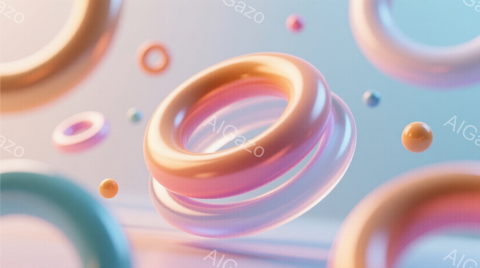 鮮やかなピンク、オレンジ、水色のリングや球体が、淡い背景に浮かんでいる様子が描かれています。リングは光沢があり、まるでキャンディのような印象を与え、柔らかく夢のような雰囲気を醸し出しています。全体的に、遊び心があり、抽象的で現代的なアート作品のようです。