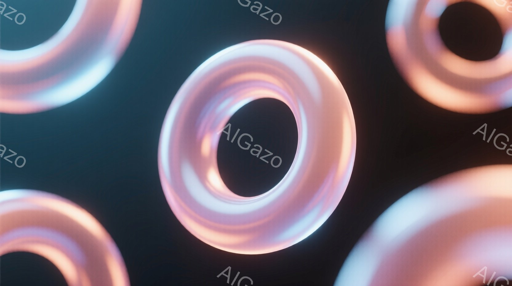 鮮やかなピンクと青のドーナツ状のリングが、暗い背景に浮かび上がっています。リングは半透明で、光沢があり、内部に柔らかい光が反射しています。全体的に、ミニマルで未来的な雰囲気が漂い、抽象的な美しさが際立っています。