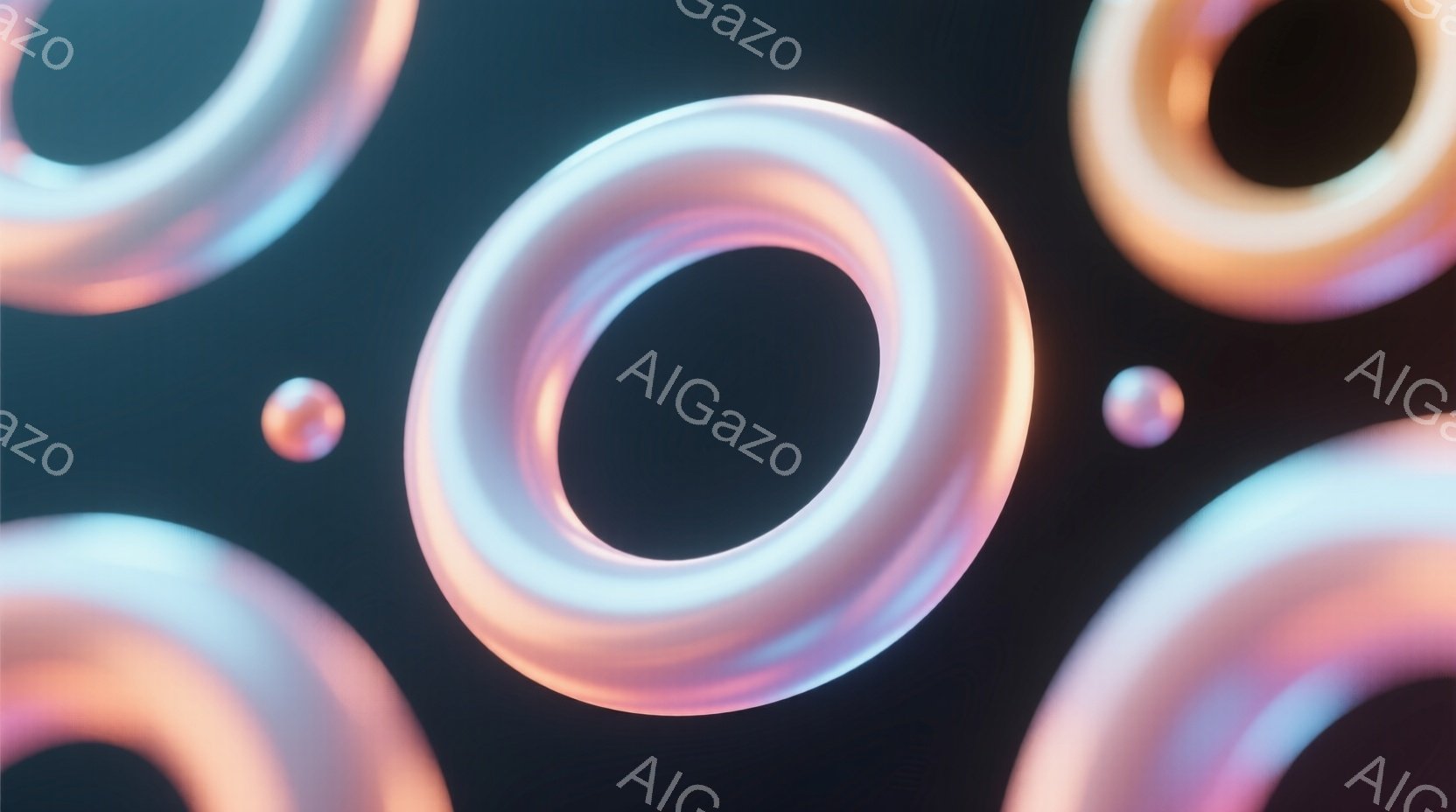 鮮やかな色彩のドーナツ状のリングが、暗い背景に浮かび上がっています。リングはピンク、オレンジ、水色のグラデーションで、光沢があり、立体感があります。全体的に柔らかく、幻想的な雰囲気を醸し出しており、ミ - AI生成フリー素材