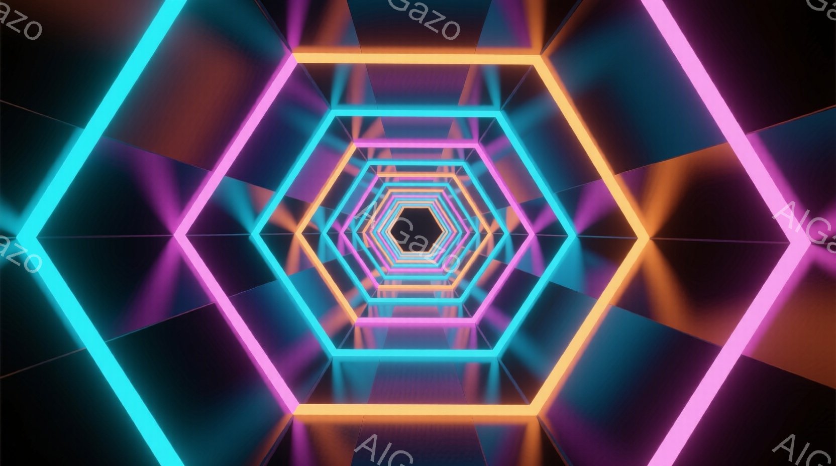 無数の六角形のトンネルが、鮮やかなネオンカラーで表現されている。ターコイズブルー、ピンク、オレンジ色が順番に重なり合い、奥行きのある視覚効果を生み出している。暗い背景とのコントラストが、未来的な雰囲気 - AI生成フリー素材