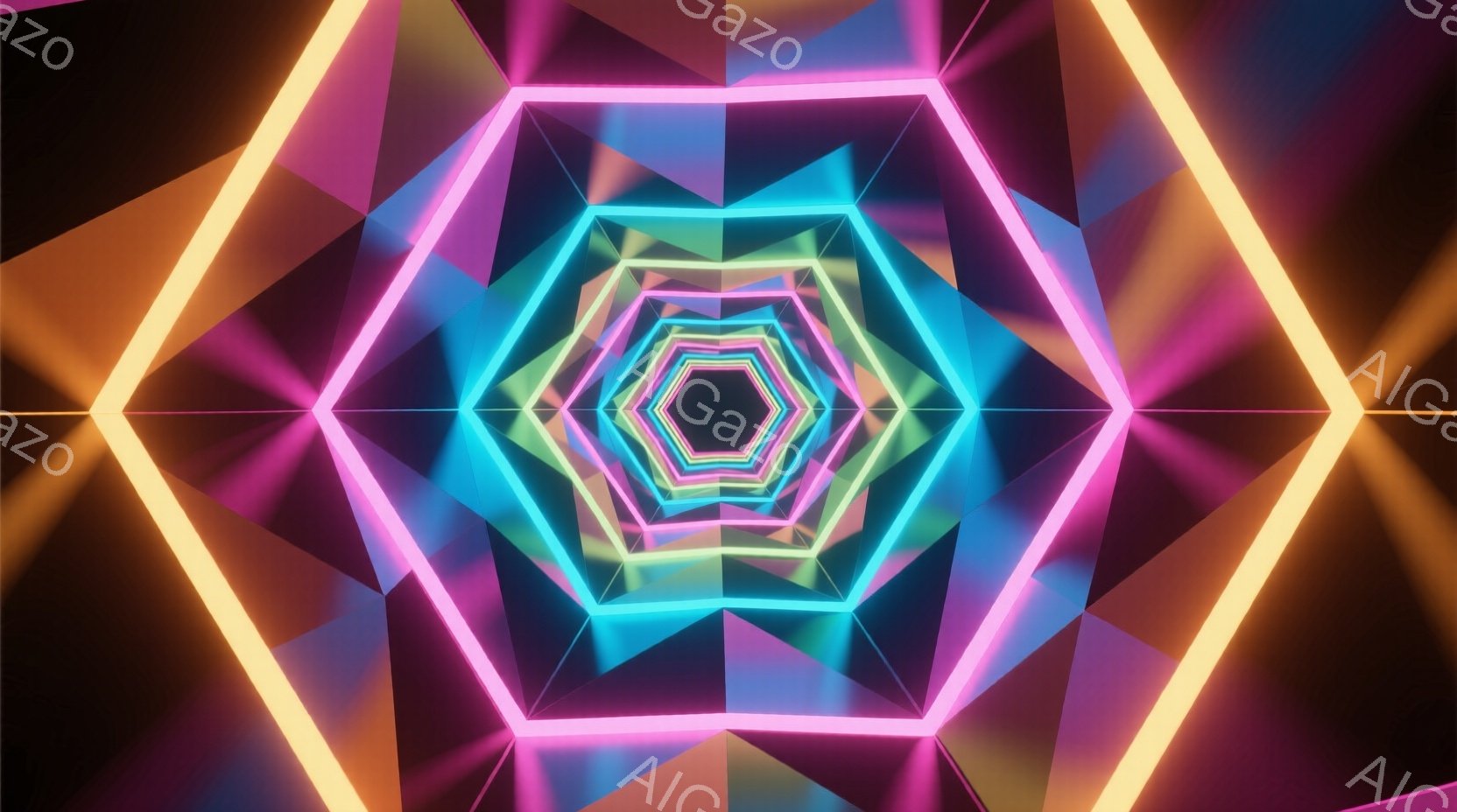 鮮やかなネオンカラーの六角形が、中心に向かって無限に続くトンネルのような視覚効果が印象的です。ピンク、水色、オレンジ、紫などがグラデーションで重なり合い、サイバーパンクや未来的な空間を想起させます。黒い背景が、ネオンカラーの鮮やかさを際立たせており、奥行きのある幻想的な雰囲気を醸し出しています。