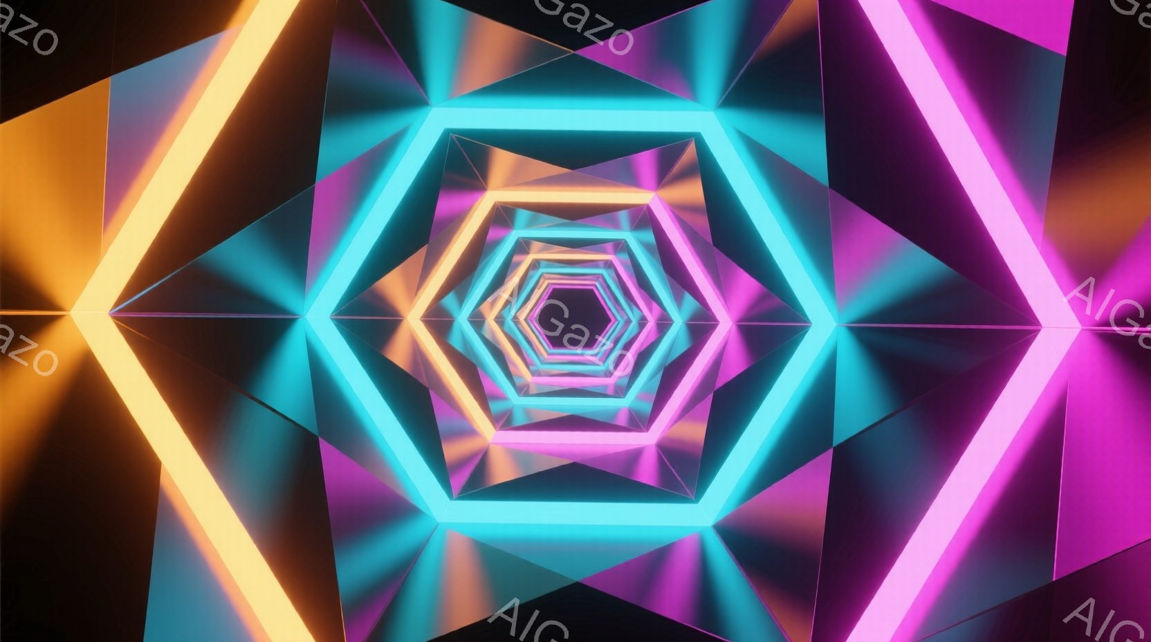 鮮やかなネオンカラーの光が、六角形のトンネル状の空間を無限に繰り返している様子が描かれている。ピンク、水色、オレンジ色の光が互いに重なり合い、未来的な雰囲気を醸し出している。背景は暗く、光のコントラス - AI生成フリー素材