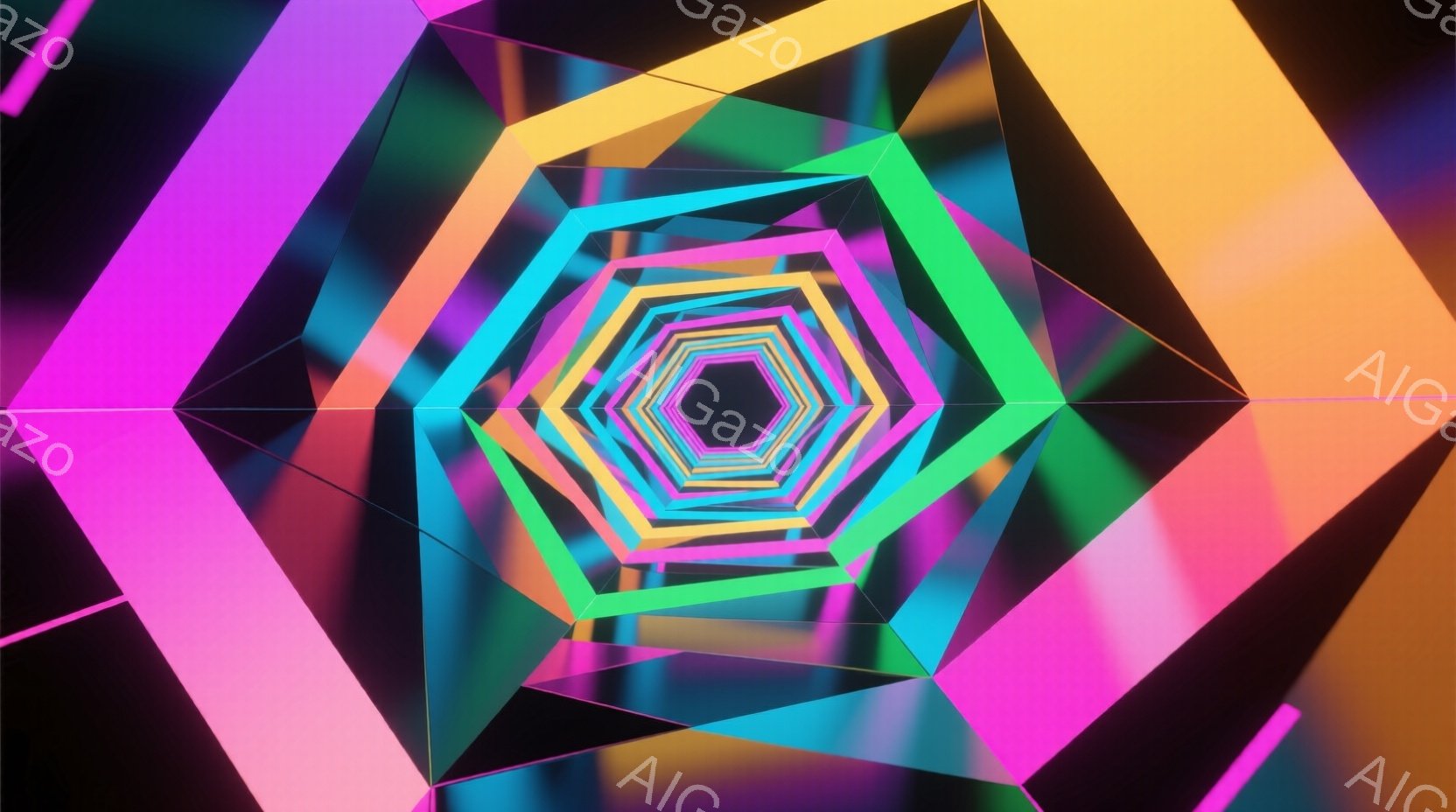 画像は、中心に向かって収束する六角形のトンネルのような構造で構成されています。鮮やかなネオンカラー（ピンク、紫、緑、青、オレンジなど）が、各六角形を彩り、無限に続く奥行きを感じさせます。全体的に未来的 - AI生成フリー素材