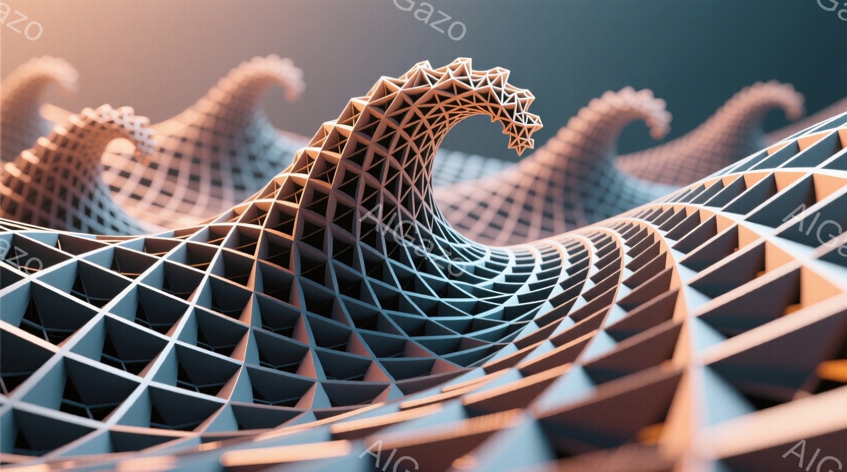 この画像は、幾何学的な構造を持つ、波のような形をしたオブジェクトのクローズアップです。細かく区切られた三角形のグリッドで構成され、光沢のある白い表面が特徴的で、複雑なパターンが浮かび上がっています。背景はぼやけており、このオブジェクトの複雑さと芸術性に焦点を当てているように見えます。