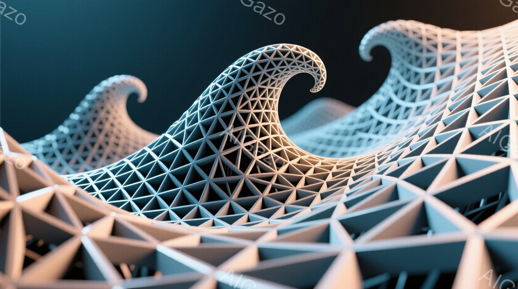 この画像は、三角形の要素が組み合わさってできた、うねる波のような構造物のクローズアップです。全体的に白っぽい色調で、光沢のある質感と影が、幾何学的な形状を際立たせています。背景は暗く、構造物が浮かび上 - AI生成フリー素材