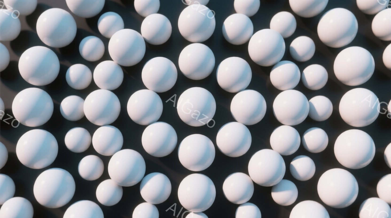 白い球体が無数に漂う、抽象的な光景です。球体は様々な大きさで、互いに重なり合いながら、薄暗い背景の中に浮かんでいます。全体的に夢幻的で、どこか無機質ながらも静謐な雰囲気を醸し出しています。