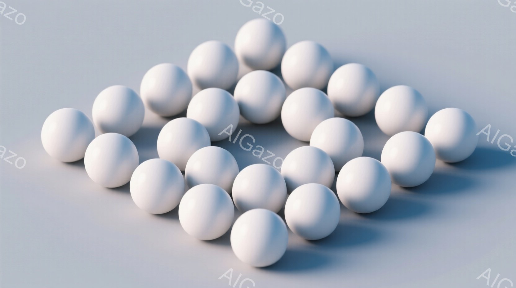 白い球体が均等に配置された、ミニマルな静物画である。球体はわずかに影を落としており、滑らかで光沢のある表面が強調されている。背景は淡いグレーで、球体の純粋な白さを際立たせ、静かで落ち着いた雰囲気を醸し出している。