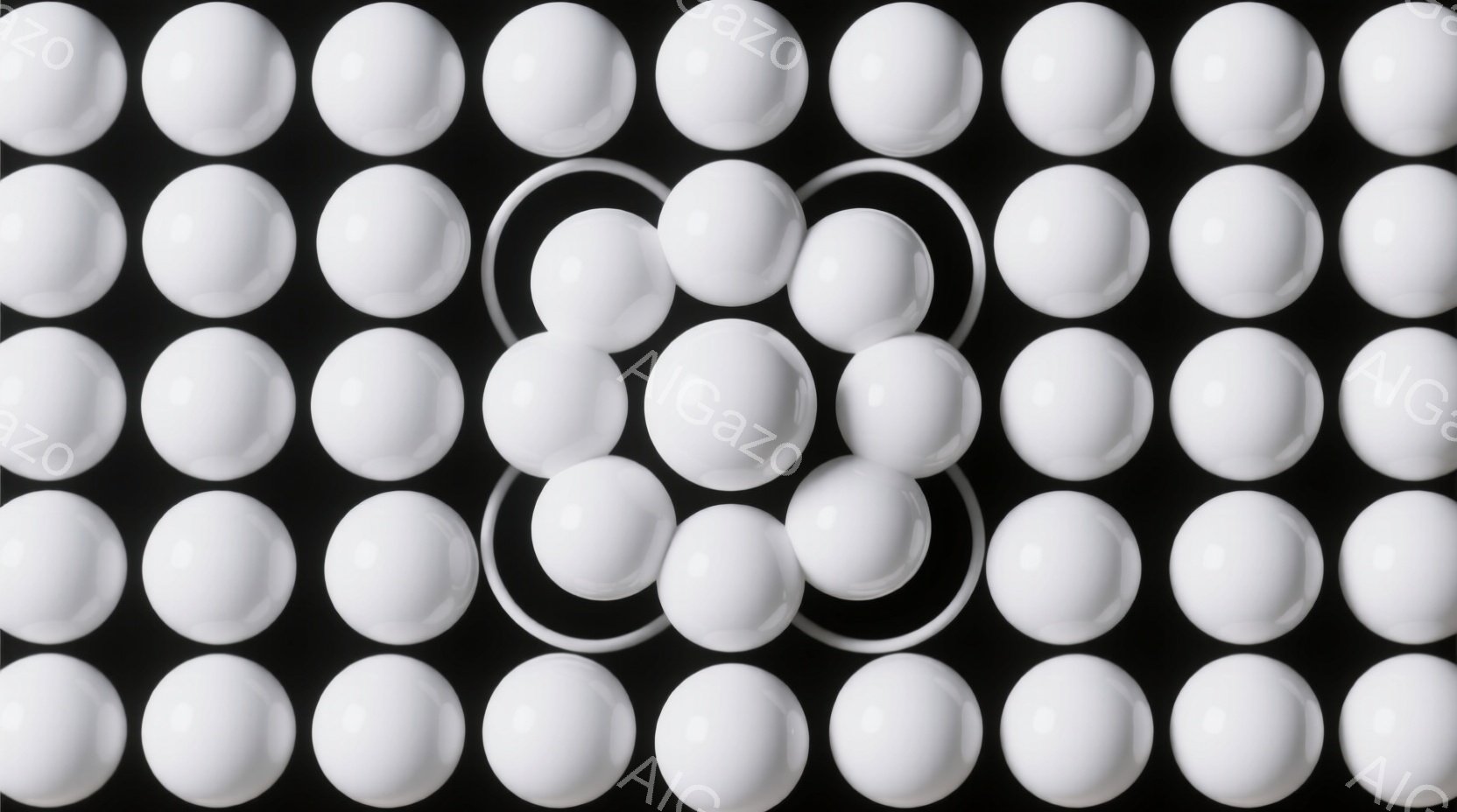 画像は、均一な白い球体がグリッド状に配置された様子を捉えています。球体は密集して並んでおり、その中央にはいくつかの球体がわずかに浮かび上がって配置され、視覚的な焦点を作っています。背景は真っ黒で、球体の白さが際立ち、シンプルながらも印象的な雰囲気を醸し出しています。