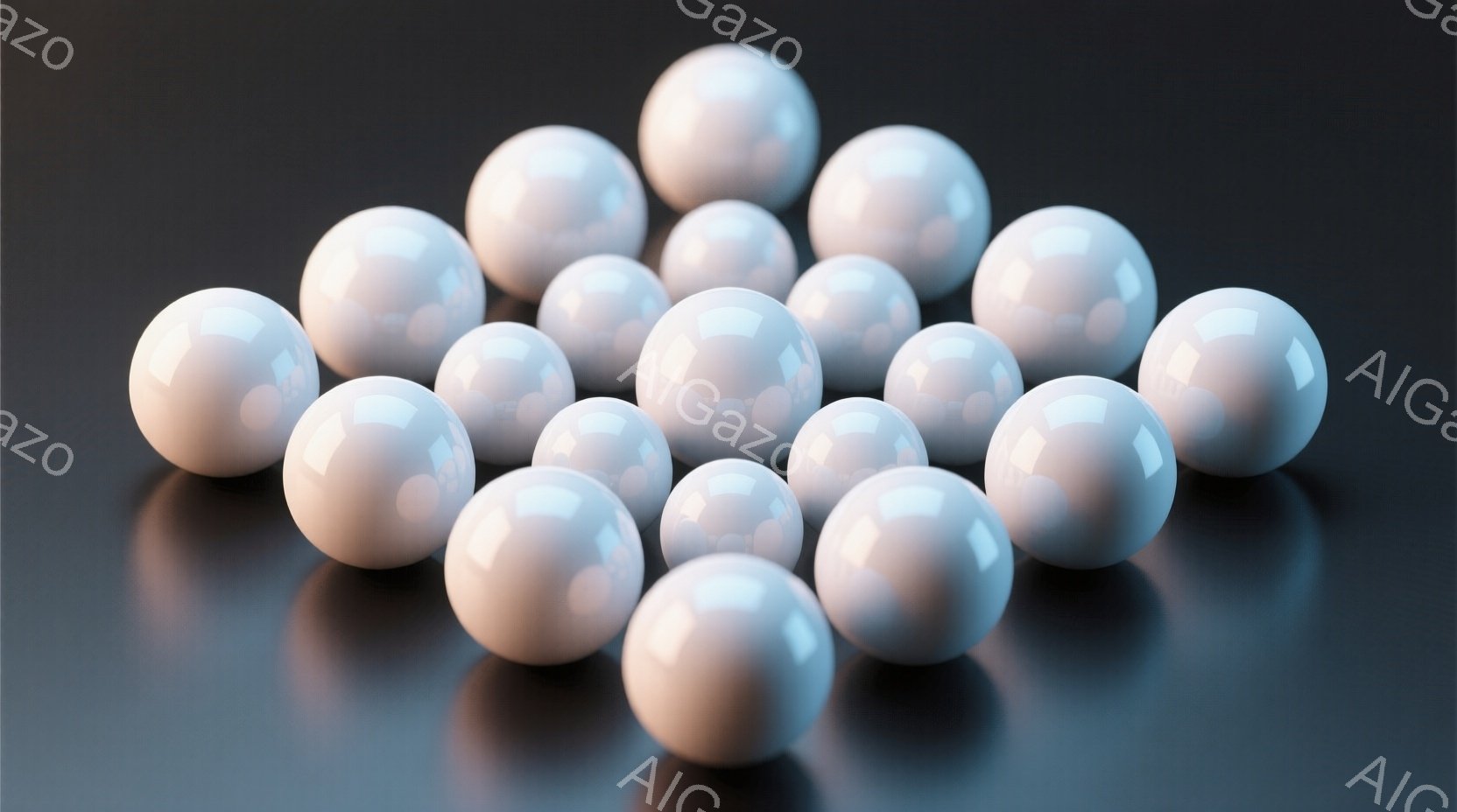 滑らかな白い球体が不規則に配置され、光沢のある表面がわずかに反射している。背景は暗いグレーで、球体は影を落としているため、立体感が際立っている。全体的にミニマルで静謐な雰囲気を醸し出しており、素材の質感と光の表現に焦点が当てられている。