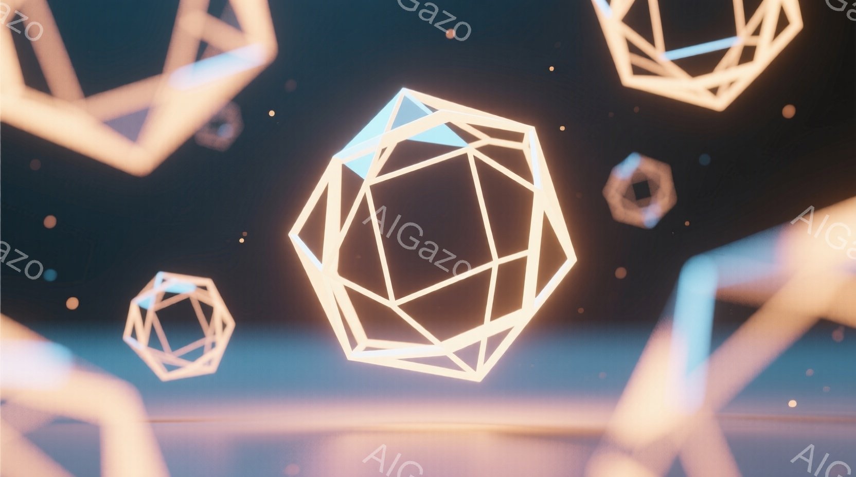 画像は、夜空のような暗い背景に、白く光る幾何学的な多面体が浮かんでいる様子を描いています。多面体はワイヤーフレームで構成され、未来的な印象を与えます。地平線にはぼやけたオレンジ色の光が広がり、幻想的で - AI生成フリー素材