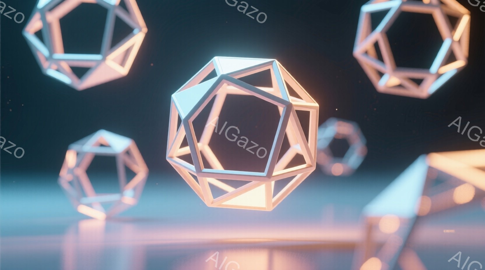 幾何学的な多面体が、半透明な素材で構成され、オレンジ色や青色の光を反射しながら宙に浮かんでいます。背景は暗く、ぼやけたオレンジ色の光が反射する平面が確認できます。全体的に未来的な雰囲気を持ち、光と影のコントラストが印象的です。