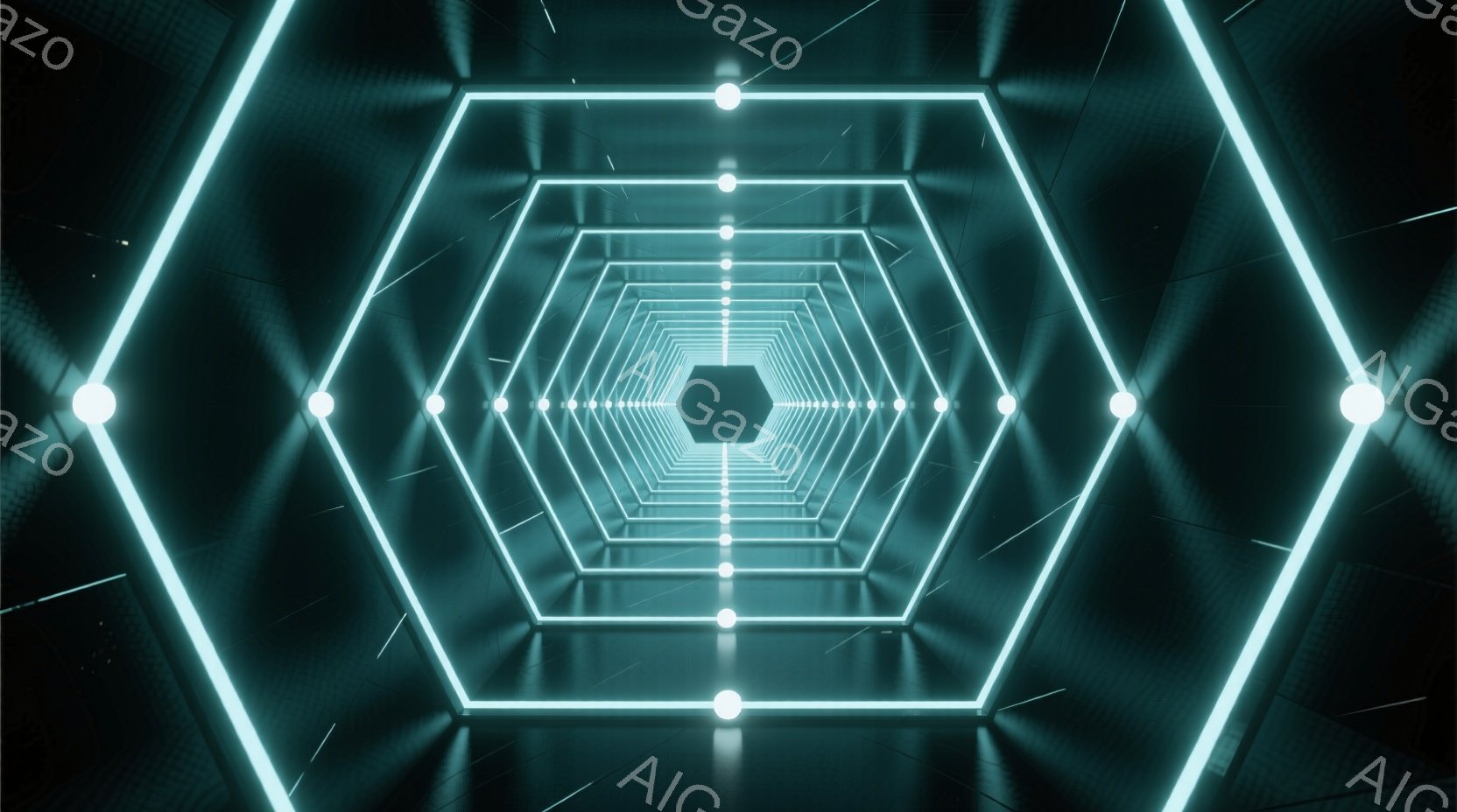 無限に続く六角形のトンネルが描かれており、鮮やかな水色の光が各六角形の境界線と中心を照らしている。暗い背景と光のコントラストが、未来的な空間を作り出しており、まるでサイバー空間に迷い込んだような感覚を - AI生成フリー素材