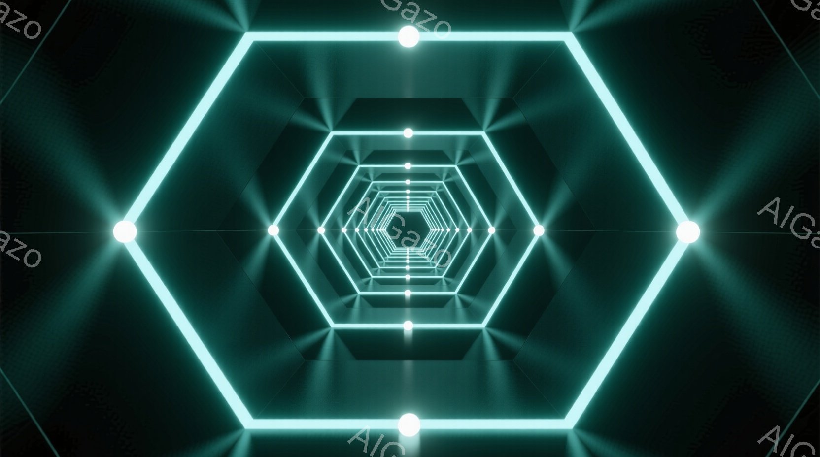 この画像は、中心に向かって無限に続く六角形のトンネルを描写しています。鮮やかなターコイズブルーの光が六角形の枠を形作り、その各頂点には明るい白色の光源が存在します。全体的に未来的な、サイバーパンク風の - AI生成フリー素材