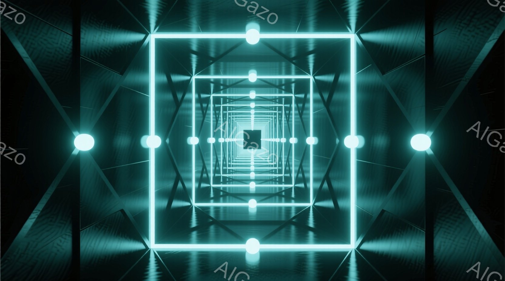 鮮やかなターコイズブルーの光が、無限に続く正方形のトンネルを構成している。光は、内側に進むほど小さくなり、遠近感を強調し、未来的な雰囲気を醸し出している。背景は暗く、光のコントラストが際立ち、神秘的で没入感のある空間を作り出している。