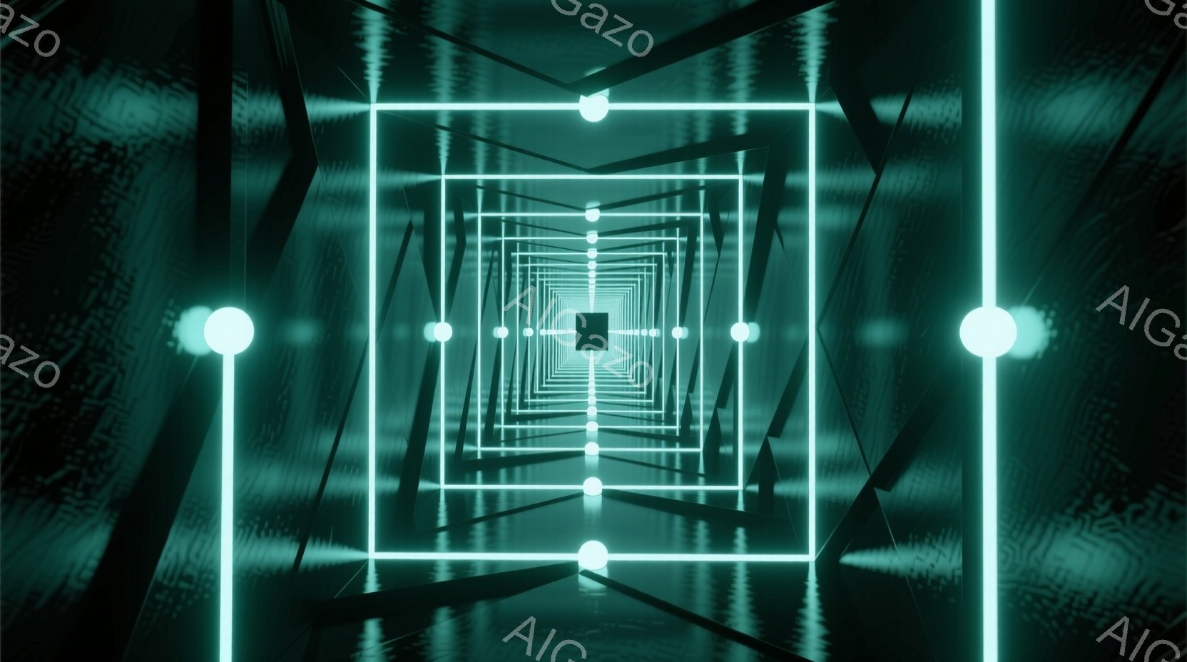 鮮やかなターコイズブルーと白で構成された、無限に続くような幾何学的なトンネルが印象的な画像です。白い四角が奥行き方向に規則的に配置され、それぞれが明るい球体で繋がれています。全体として、未来的な、夢幻 - AI生成フリー素材