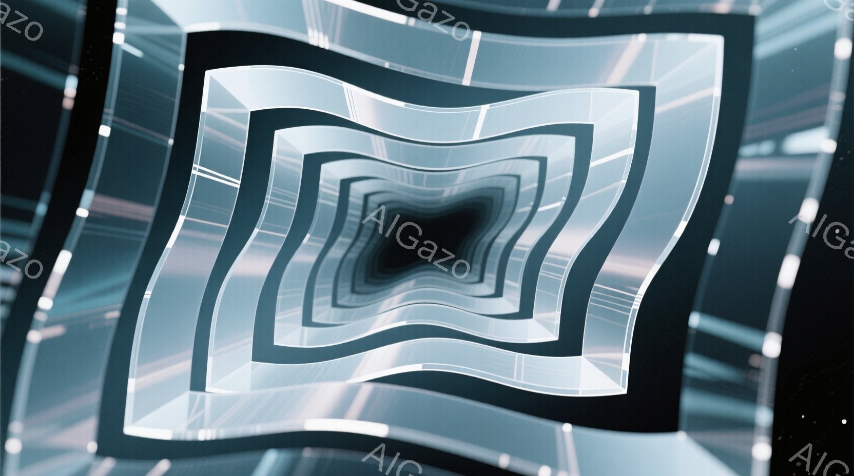 幾何学的なトンネルのような視覚効果が印象的な画像です。白とグレーの層が何重にも重なり、中心に向かって暗くなることで、奥行きと無限の感覚を生み出しています。背景には、ぼやけた光の筋が見え、未来的な空間を - AI生成フリー素材