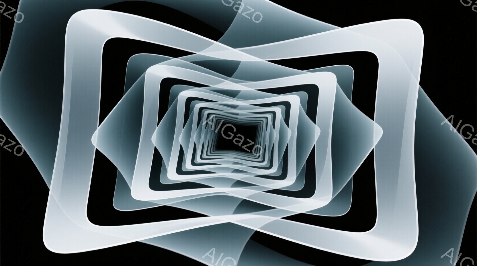 画像は、黒い背景に複数の白い半透明の正方形が重なり合う抽象的な構成です。正方形は徐々に小さくなり、内側に配置されているため、奥行きと無限のトンネルのような視覚効果を生み出しています。柔らかい光沢があり、未来的な雰囲気と静けさを感じさせます。