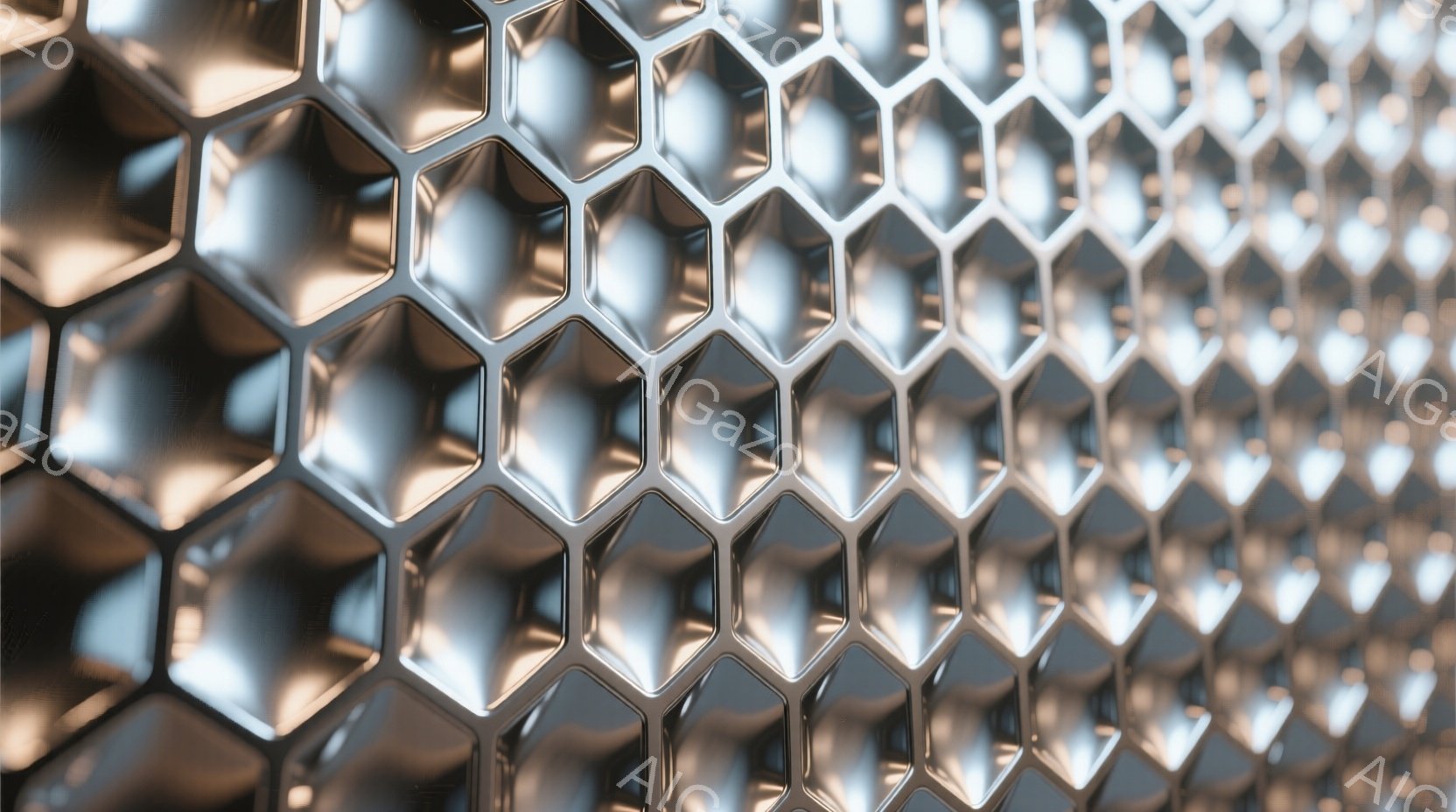 この画像は、六角形の格子状の金属構造のクローズアップです。各六角形は光を反射し、微妙な陰影を作り出しています。全体的に、幾何学的で未来的な印象を与える、洗練されたテクスチャが強調されています。