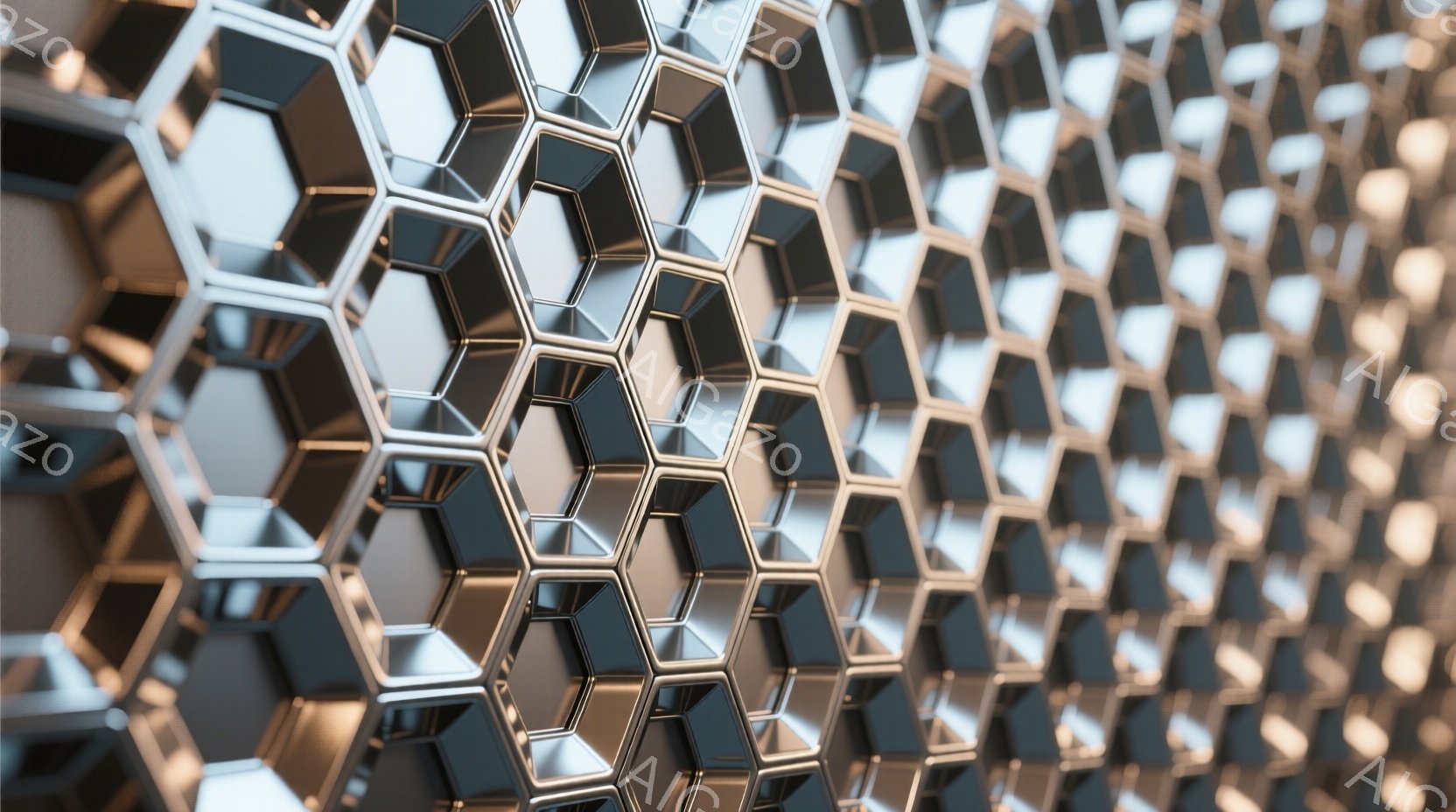 この画像は、六角形の金属構造が密に並んだクローズアップです。各六角形は、光を反射してハイライトと影を作り出し、独特のテクスチャと奥行きを生み出しています。全体的に、未来的な、または産業的な雰囲気を醸し出し、精密さと複雑さを強調しています。