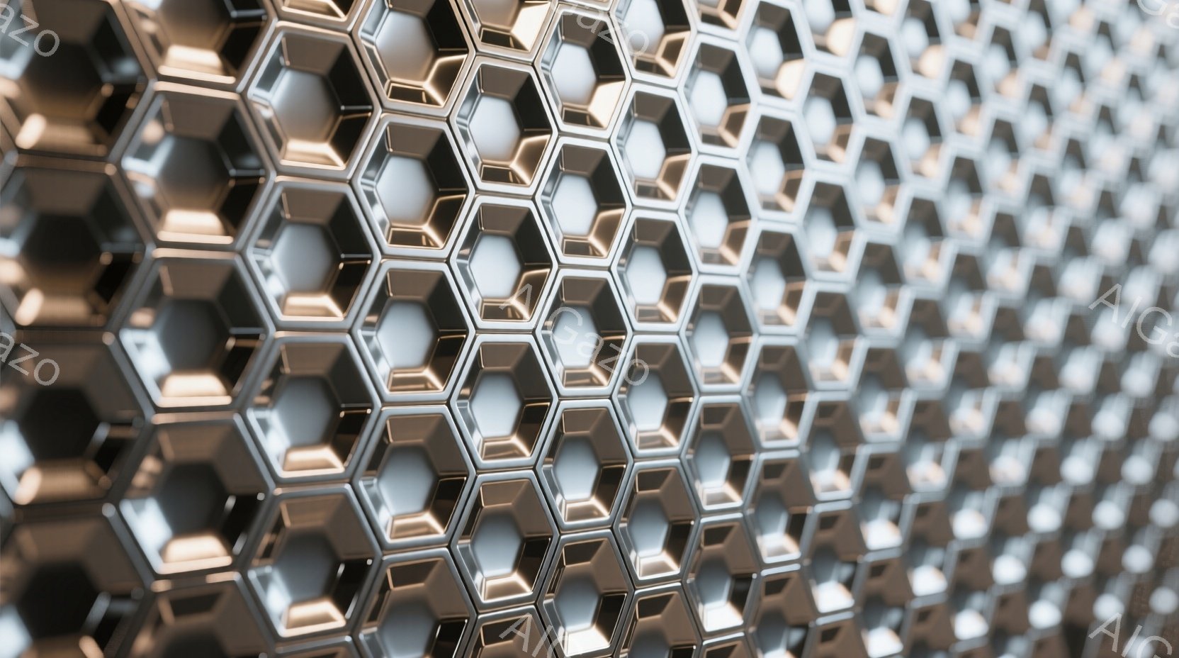 この画像は、規則的に並んだ六角形の構造が特徴的で、金属のような光沢のある素材で構成されています。各六角形は、光を反射し、陰影を作り出し、立体感と奥行きを感じさせます。全体的に未来的な印象を与え、精密さと技術力を強調しています。
