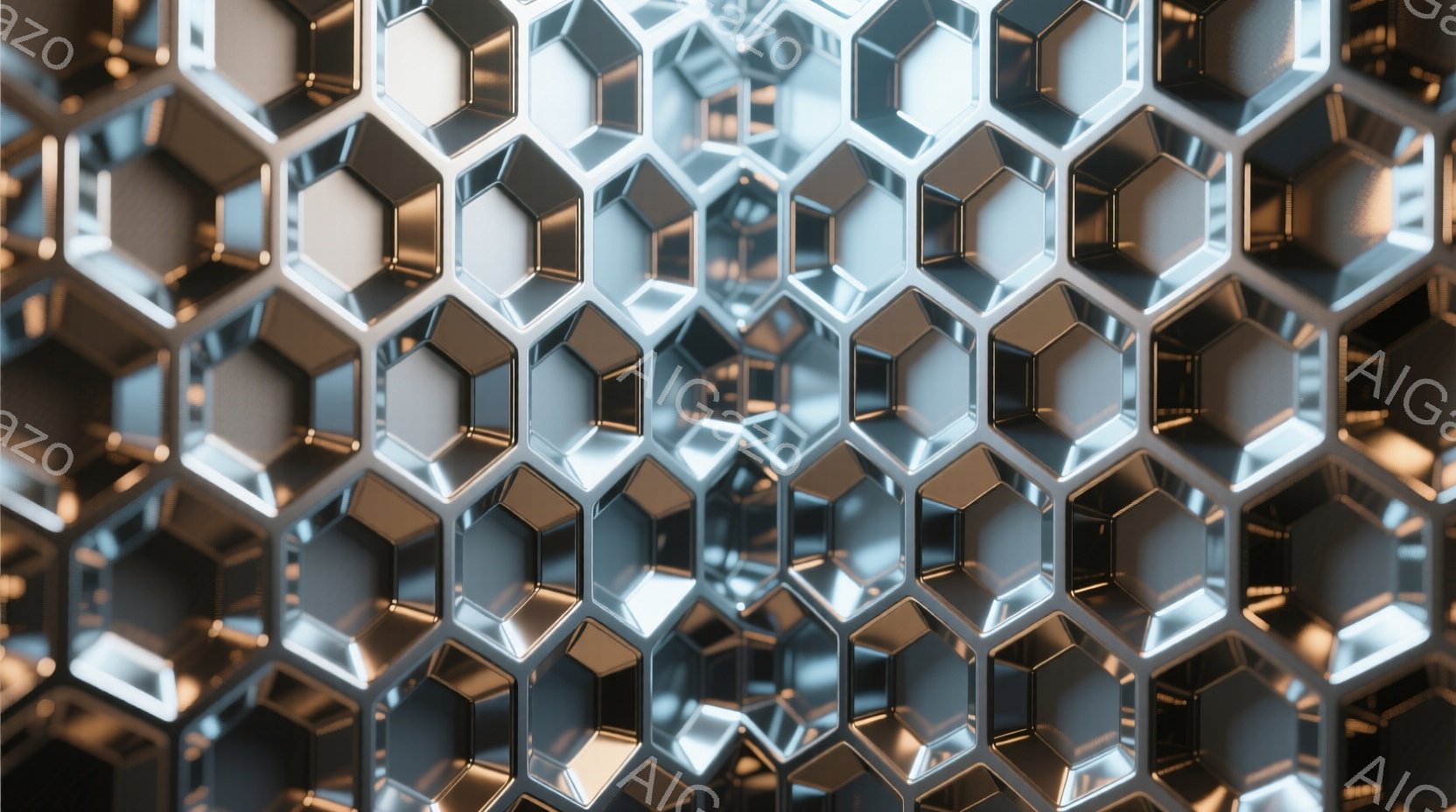 この画像は、規則的に配置された六角形の構造が特徴的で、金属のような質感が強調されています。各六角形は光を反射し、立体感と奥行きを生み出しており、まるで蜂の巣のような模様を作り出しています。全体的に冷たく、工業的な雰囲気が漂い、精密さと未来的なイメージを喚起させます。