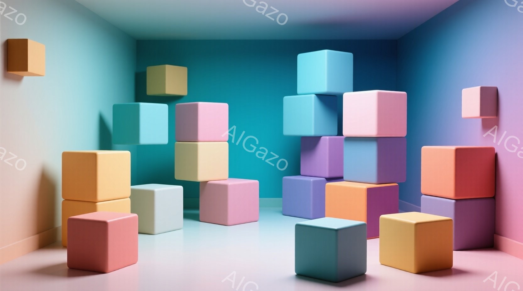 鮮やかなターコイズブルーの背景に、様々なパステルカラーの立方体が積み重なって配置されています。これらの立方体は、ピンク、オレンジ、水色、薄紫など、ソフトで優しい色調で、影が床に映り込んで奥行きを強調しています。全体的にミニマルで現代的な雰囲気を持ち、カラフルでありながらも落ち着いた印象を与える空間です。
