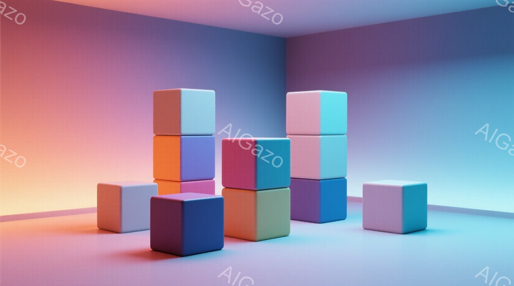 鮮やかな色彩の立方体が、明るい背景の部屋に配置されている。いくつかの立方体は積み重ねられ、他のものは単独で置かれており、それぞれが影を落としている。全体的に、ミニマルで現代的な、どこか遊び心のある雰囲 - AI生成フリー素材