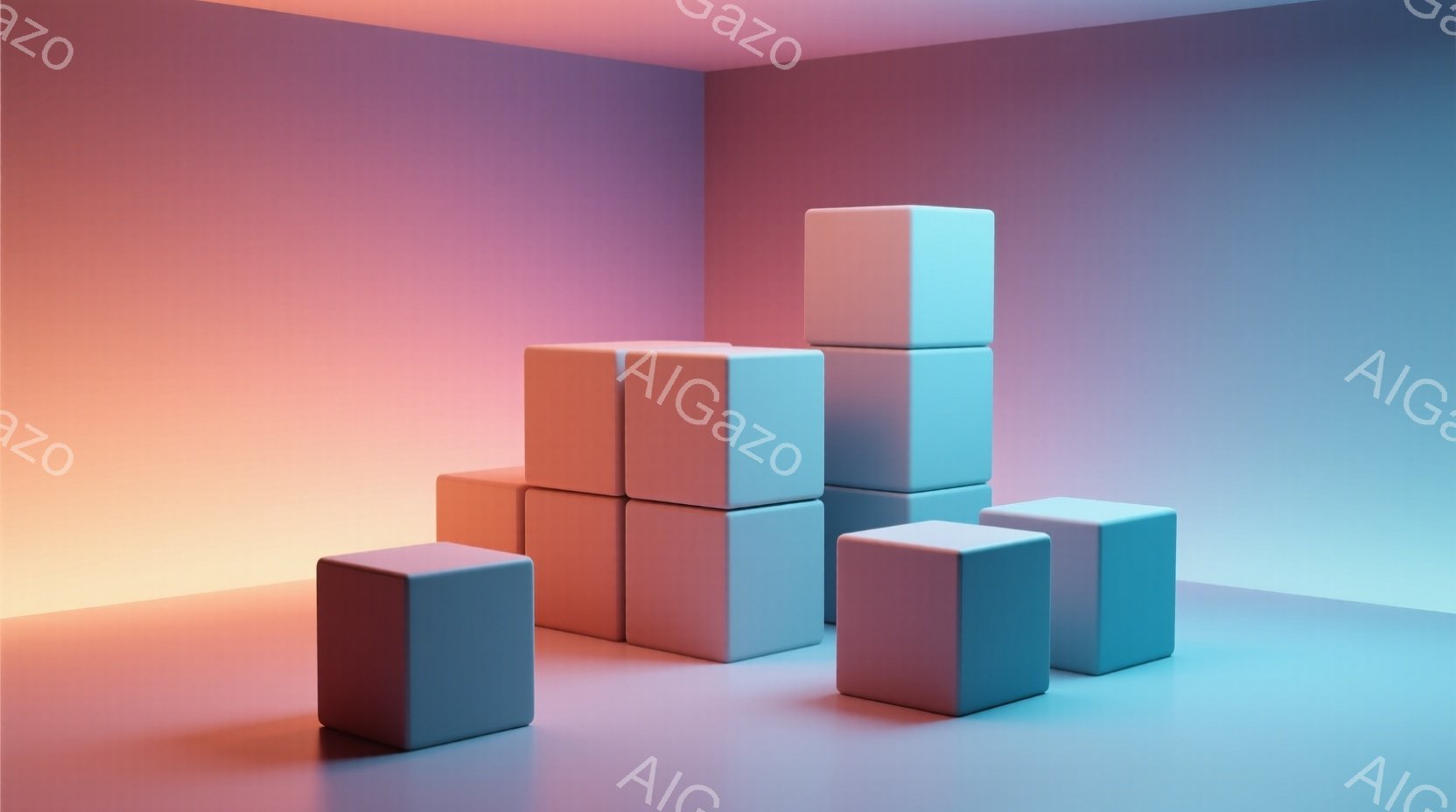 鮮やかなオレンジと青のグラデーションが壁を彩る、ミニマルな空間に、複数の立方体が配置されている。立方体は明るい水色で統一されており、互いに隣接したり積み重ねられたりして、現代的で幾何学的な構成を作り出 - AI生成フリー素材