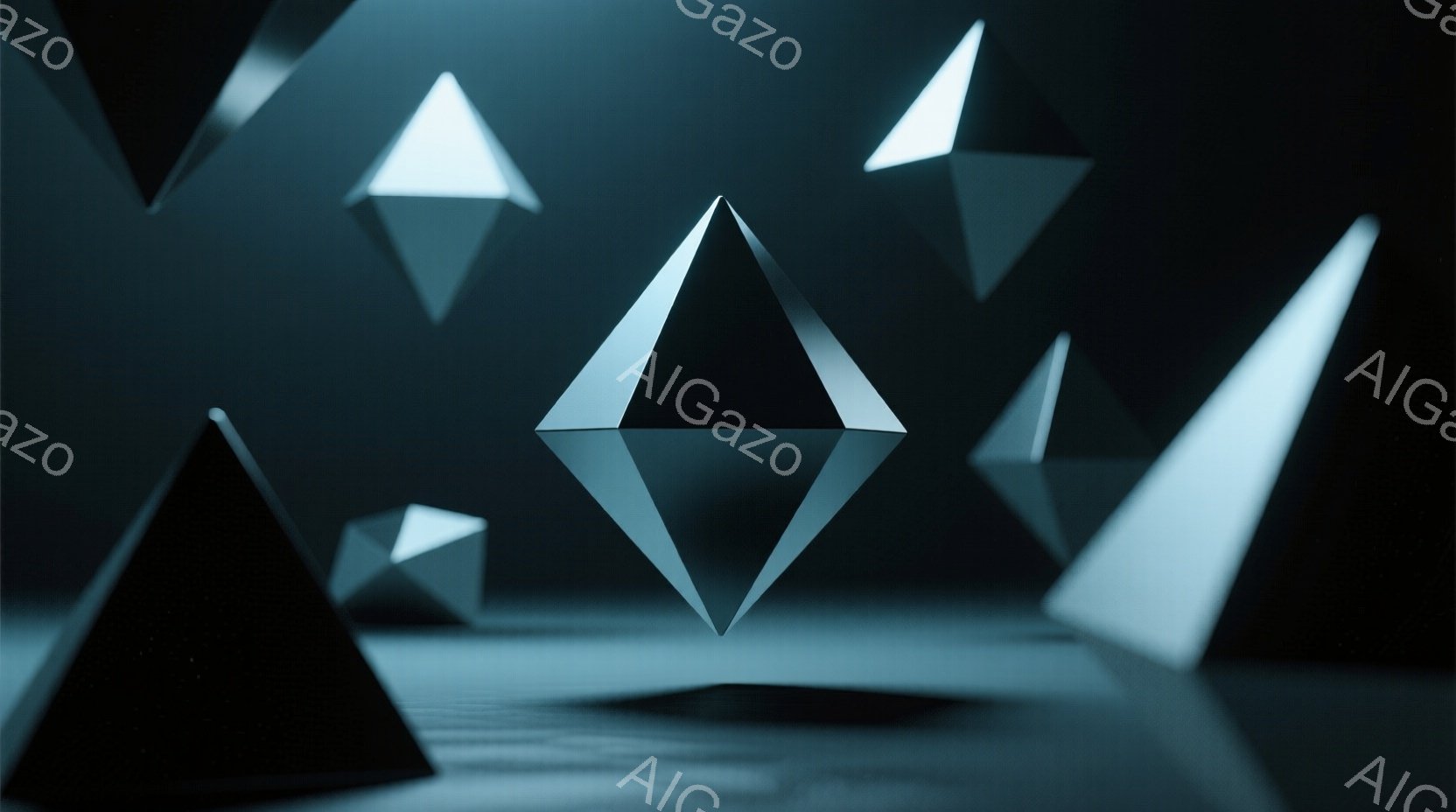 幾何学的な三角形が多数、暗い背景に浮かび上がっています。三角形は様々な大きさで、光沢のある表面がわずかな反射を生み出し、未来的な雰囲気を醸し出しています。床面には三角形の影が映り込み、奥行きと立体感を強調しています。