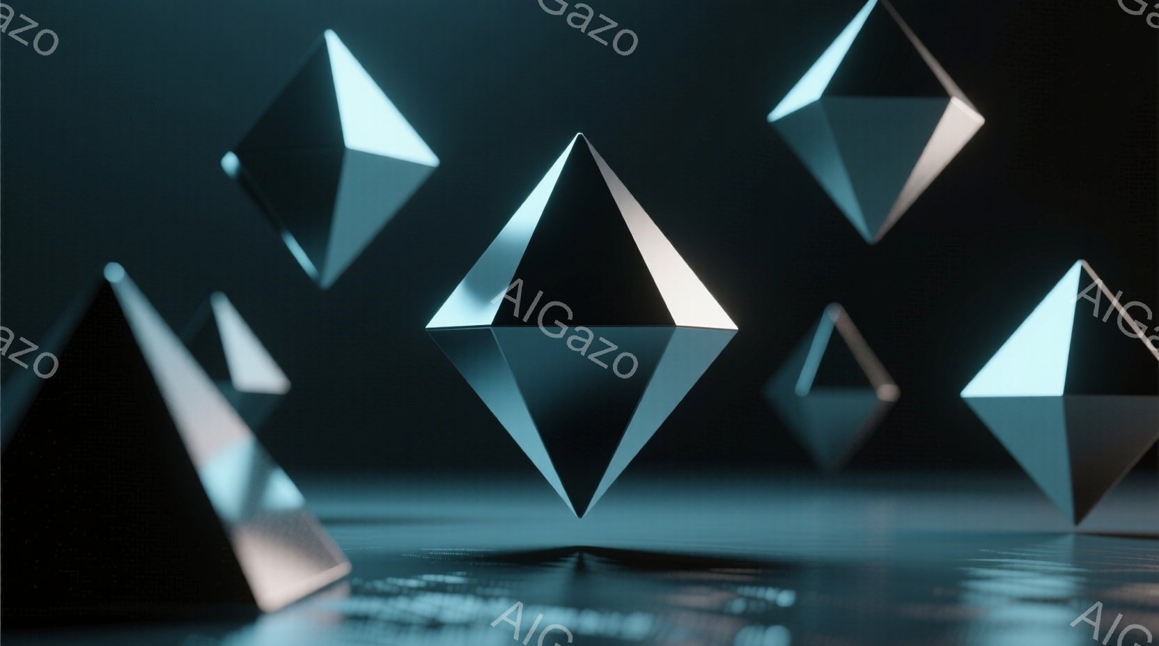 漆黒の背景に、複数のダイヤモンドのような四角錐が浮かび、反射面が光を捉え、未来的な印象を与えています。下部には滑らかな反射面があり、四角錐の影と光が美しく調和した幻想的な雰囲気を醸し出しています。全体 - AI生成フリー素材