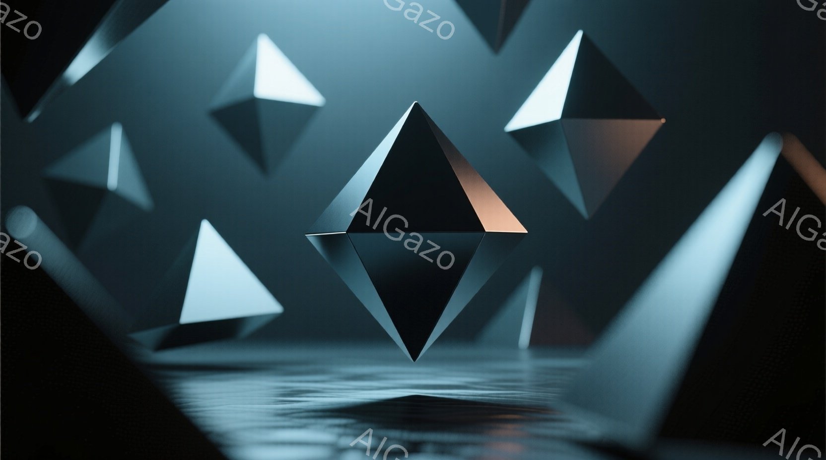 幾何学的な三角形の彫刻が、暗く光沢のある背景の中で浮かび上がっている。三角形は様々なサイズと角度で配置され、反射面が光を捉えて独特の雰囲気を醸し出している。 全体的に、モダンで抽象的な印象を与える、ミ - AI生成フリー素材