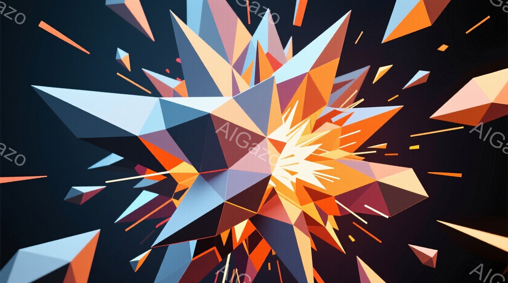 鮮やかなオレンジ、ピンク、水色の多角形が爆発するように集約し、中心に向かって放射状に広がっている抽象的な画像です。多角形はシャープなエッジを持ち、光沢のある質感を表現しており、背景は暗いグレーで、全体的にダイナミックで未来的な印象を与えます。中心部は明るいオレンジ色で、まるでエネルギーが放出されているかのような視覚効果を生み出しています。