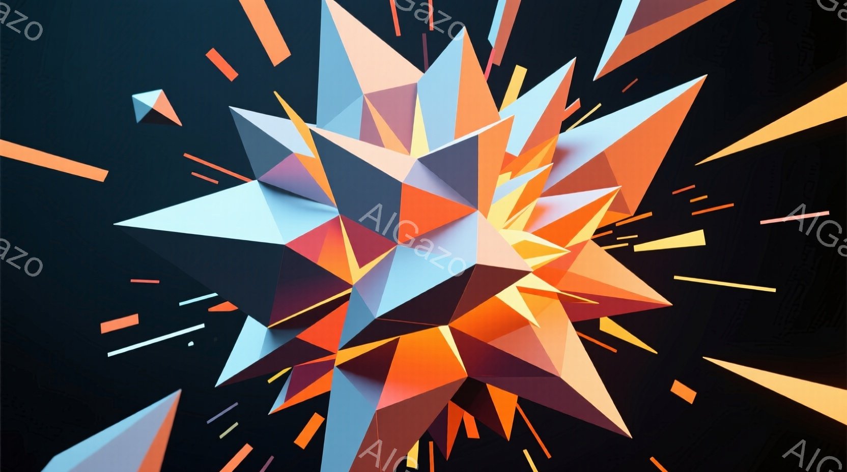鮮やかなオレンジ、白、グレーの多角形が中心から放射状に広がる抽象的な構成です。背景は暗い紺色で、多角形の一部が飛び出して、速度感とエネルギーを感じさせます。全体的に未来的な印象で、デジタルアートや抽象的な彫刻を連想させます。