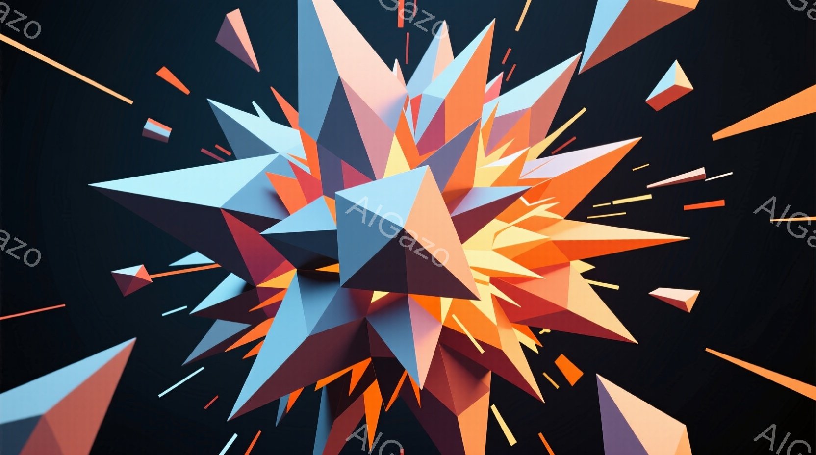 鮮やかなオレンジ、ピンク、青色の多角形が爆発するように配置された抽象的な3Dレンダリング画像です。多角形は鋭利な三角形や細長い形状をしており、黒色の背景に光線のように突き出ています。全体として、ダイナミックで未来的、そしてエネルギッシュな雰囲気を醸し出しています。