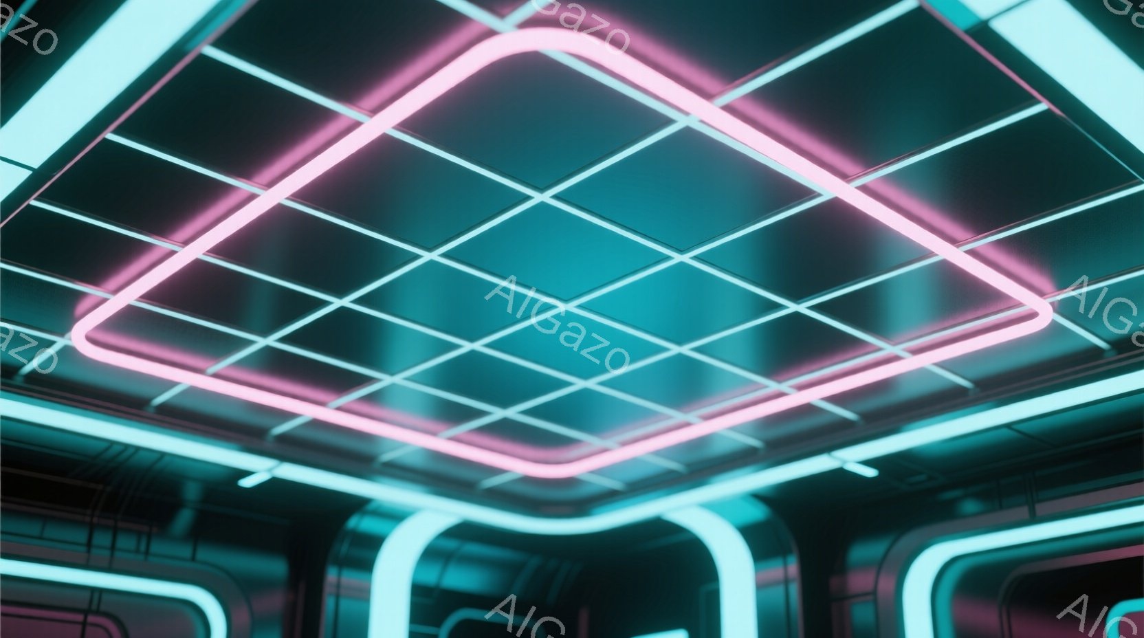 鮮やかなネオンライトが、幾何学的な構造を際立たせている空間です。青とピンクの光が交差し、未来的な雰囲気を作り出しています。床や壁に光が反射し、サイバーパンクのような退廃的で美しい空間を表現しています。