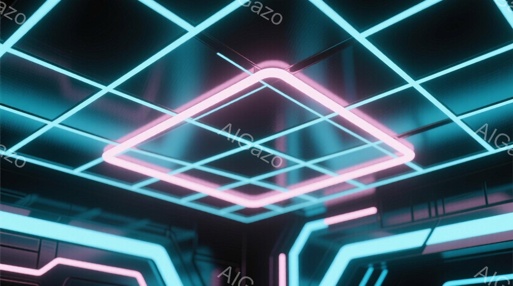 鮮やかなネオンライトが格子状に交差する、未来的な空間が描かれている。ピンク色のライトが中心に配置された正方形を描き、青色のライトが周囲を構成している。全体的に暗く、光が際立つ、サイバーパンク風の雰囲気である。