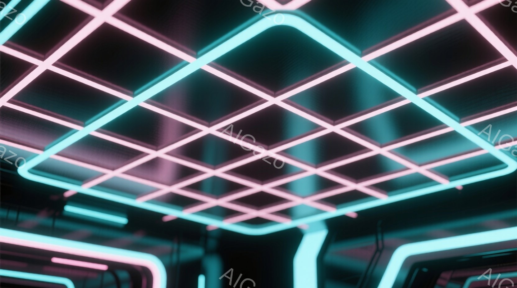 鮮やかなネオンピンクとターコイズブルーの線が格子状に組み合わされた抽象的な空間が描かれています。暗闇の中、光が互いに交差することで、未来的な雰囲気を醸し出しています。この光の構成は、まるでサイバーパンク映画のセットのようであり、幾何学的な美しさを強調しています。