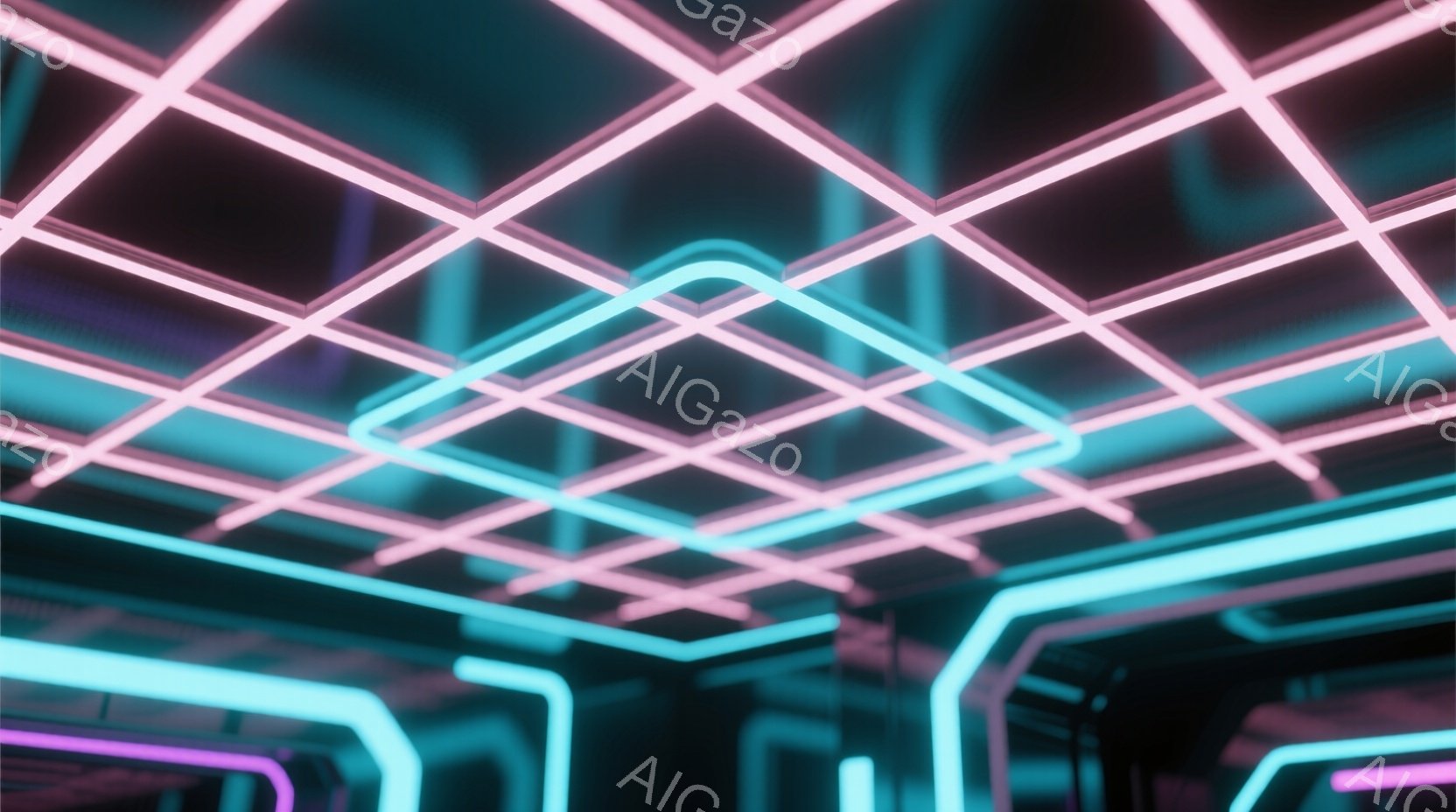 鮮やかなネオンピンクとターコイズブルーの光が格子状に交差する、未来的なトンネルのような空間が描かれている。壁面は暗く、光の線が際立っており、まるでサイバーパンクの世界観を思わせる雰囲気である。全体的に幾何学的で、奥行きを感じさせる構成となっている。