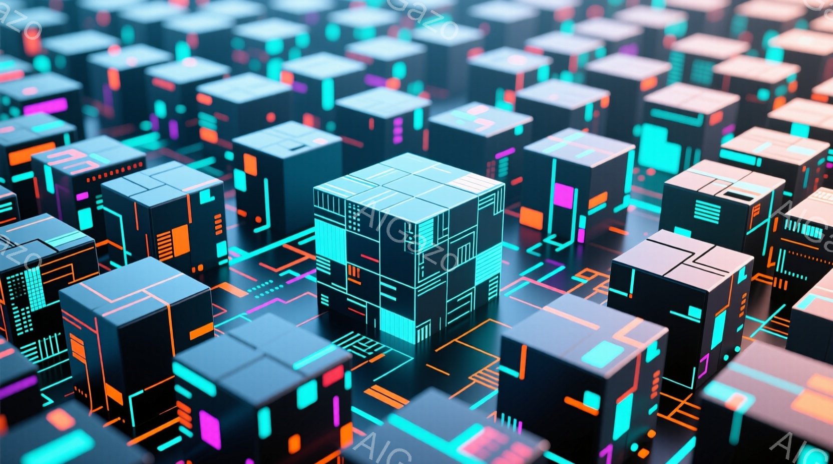 この画像は、ネオンカラーで照らされた、幾何学的なブロックで構成された未来的な都市景観を描いています。ブロックは様々な高さで配置され、まるでサイバーパンク風の摩天楼のように見えます。全体的に、鮮やかでテクノロジー感溢れる、近未来的な雰囲気を醸し出しています。