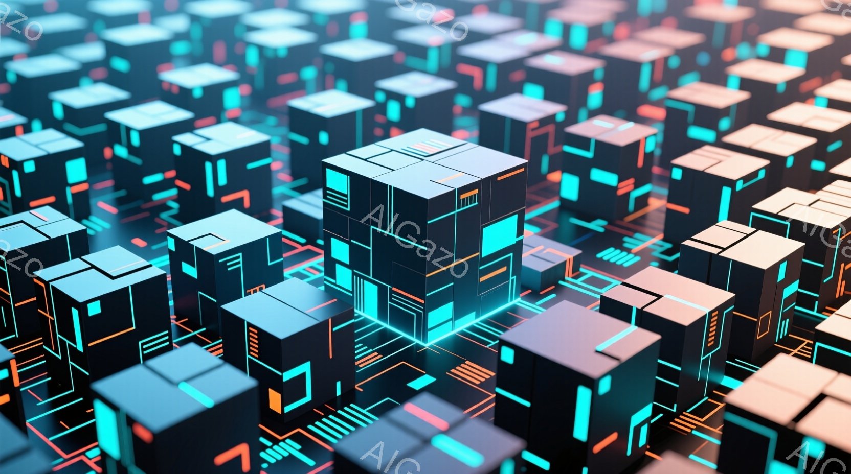 鮮やかなネオンカラーで構成された、未来的な都市景観が広がっている。無数の立方体がグリッド状に並び、複雑な回路のような模様を形成しており、一部の立方体には光のラインが走っている。全体的に、サイバーパンク的な雰囲気で、デジタル世界の構造を表現しているように見える。