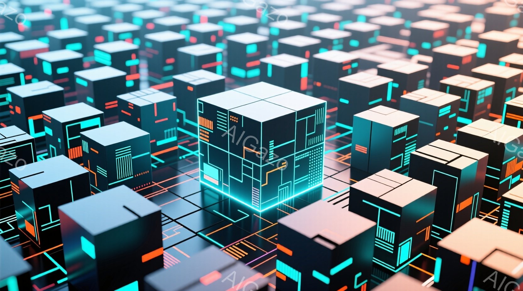 無数の立方体と幾何学的な形状が、複雑な電子回路のような模様で構成されたデジタルな景観が広がっている。鮮やかな水色、オレンジ、紫色の光が、それぞれの形状を縁取り、まるでネオンサインが輝いているかのような視覚効果を生み出している。この全体的な光景は、未来的なテクノロジーと仮想現実の世界を想起させ、クールでサイバーパンクな雰囲気を醸し出している。
