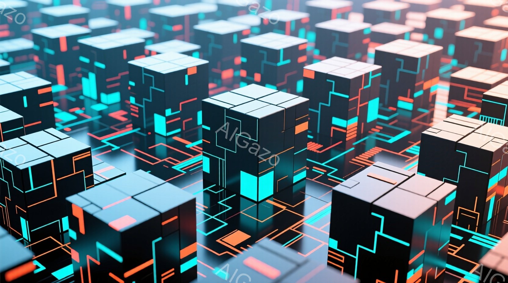 この画像は、無数の立方体が複雑に配置された、サイバーパンク風の都市景観を表現しています。立方体は黒を基調とし、ターコイズブルーとオレンジ色の発光する線で繋がれており、未来的な回路網を思わせます。全体的に、デジタルで没入感のある、やや不気味な雰囲気を醸し出しています。