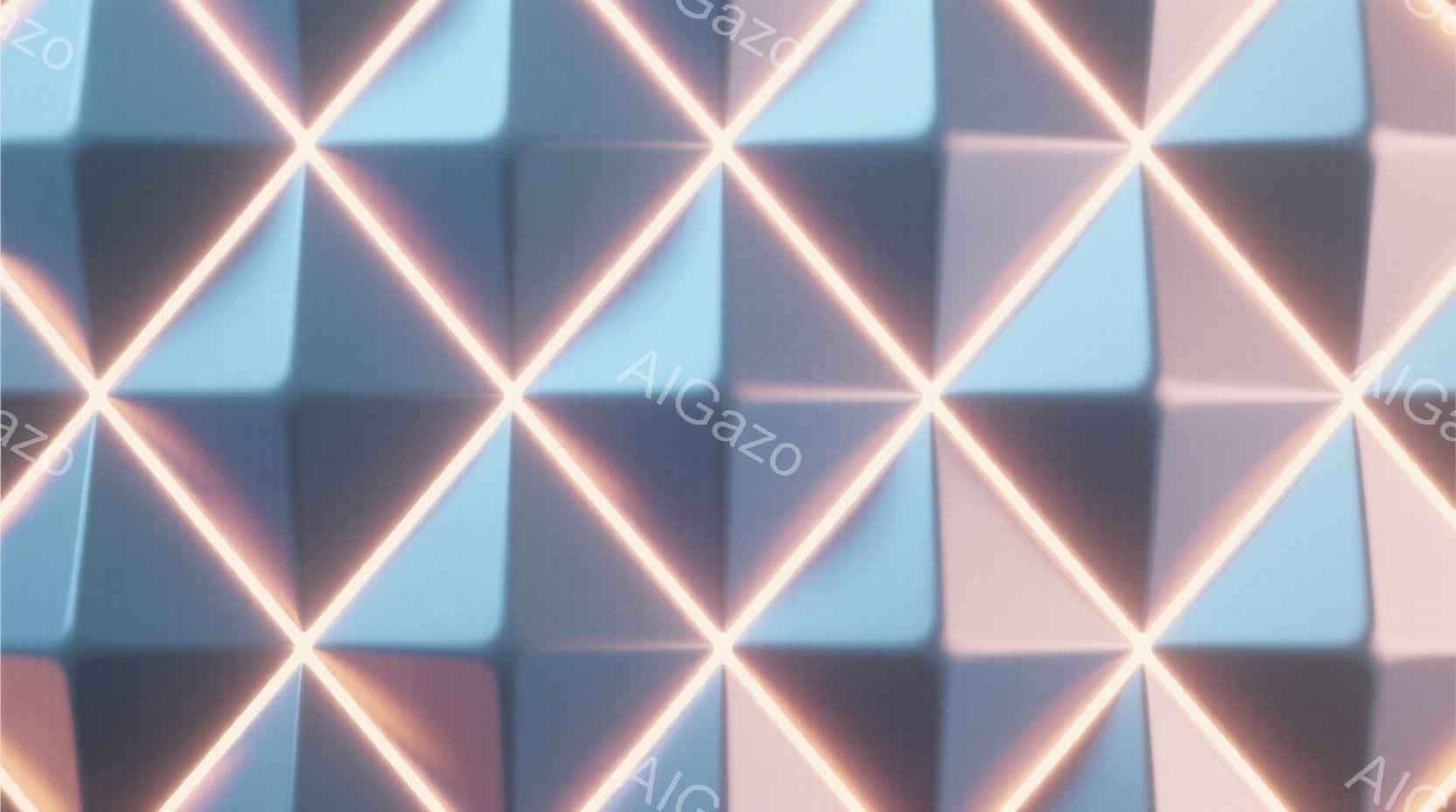 幾何学的な立方体が網目状に並び、互いに交差する光の線が鮮やかなオレンジ色で強調されています。立方体は淡い水色と紫色のグラデーションで、未来的な印象を与えます。全体的に、ミニマルで洗練された、デジタルアートのような雰囲気です。