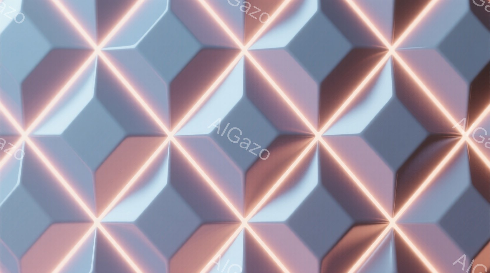 画像は、互いに交差する明るいピンク色のネオン管で構成された幾何学的なパターンを特徴とする抽象的な表現です。背景は、光を反射する冷たい青灰色の多角形構造で覆われており、未来的な雰囲気を作り出しています。 - AI生成フリー素材