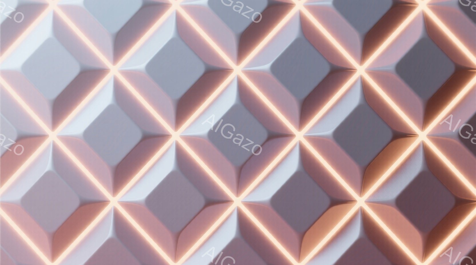この画像は、規則的に配置された多角形のグリッドで構成されており、各多角形は陰影がつけられた、ほぼ立方体の形状をしています。明るいオレンジ色の光が多角形の境界線を縁取り、未来的な印象を与えています。背景は暗く、光のコントラストが強調され、幾何学的なパターンが際立っています。