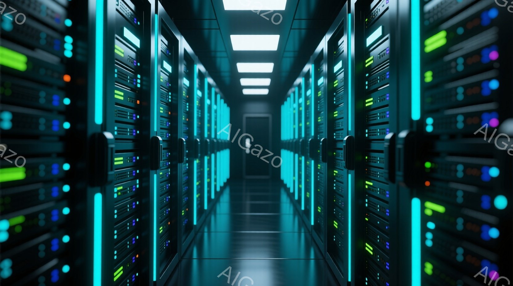 無数のサーバーラックが両側に並び、青緑色の光が点滅するデータセンター内の廊下の画像です。ラックは整然と並んでおり、廊下の奥へと続く奥行きが強調されています。全体的に冷たく、未来的な印象を与え、データ処 - AI生成フリー素材