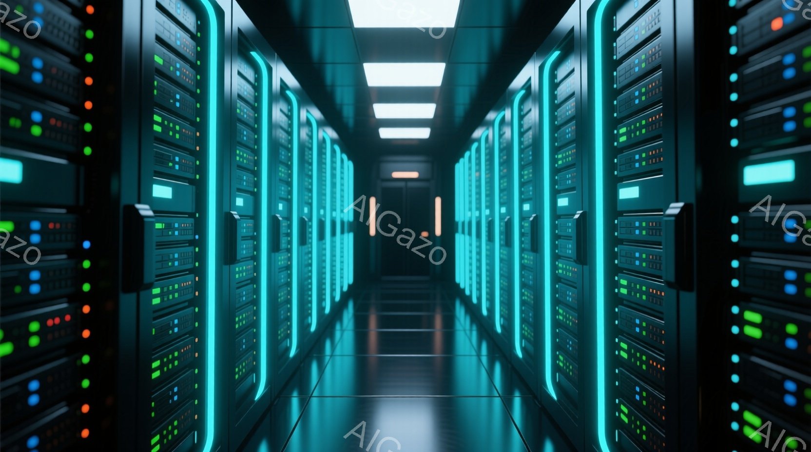 この画像は、緑色の光るサーバーラックが両側に並ぶ、長い廊下を描写しています。ラックは整然と配置され、廊下の床面は反射して光を増幅しています。全体的に、高度な技術とデータ処理の未来的な雰囲気を感じさせます。