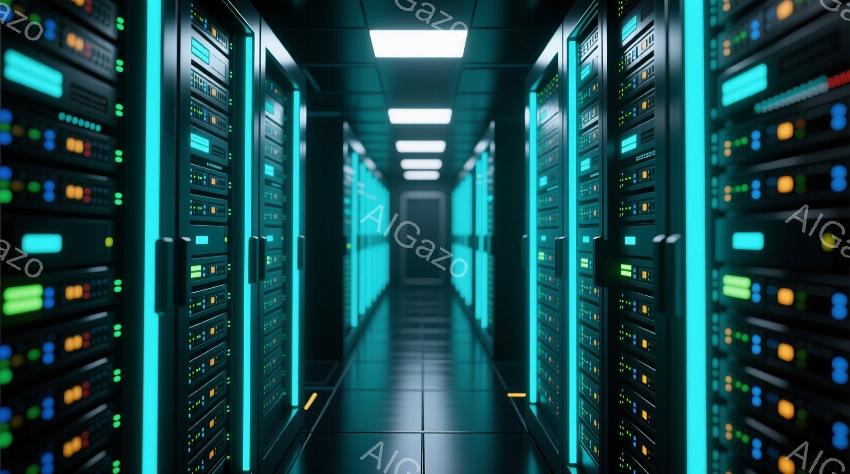 無数のサーバーラックが整然と並んだ、非常に長い廊下です。各ラックには緑、青、黄色のLEDライトが点灯しており、未来的で技術的な雰囲気を醸し出しています。床は磨かれた黒いタイルで、廊下の両側にはサーバー - AI生成フリー素材