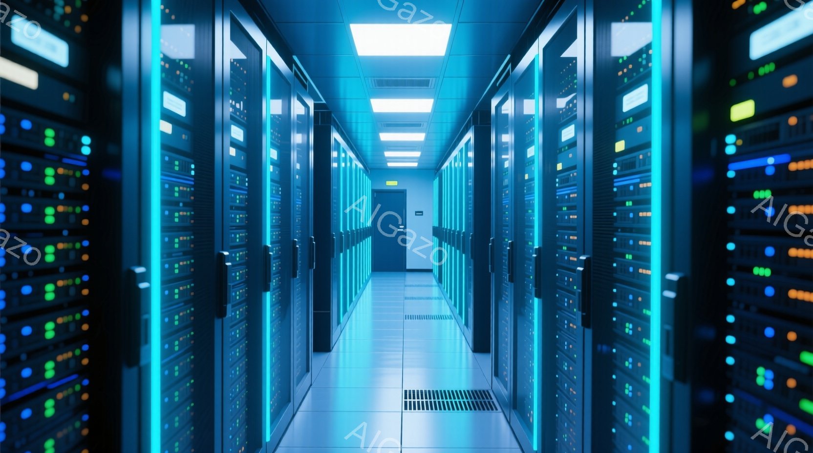 無数のサーバーラックが両側に並び、青白い光が点滅するデータセンター内の通路が描かれている。床は光沢のあるタイルで覆われ、高い天井には明るい蛍光灯が設置されている。全体的に冷たく、技術的な雰囲気で、内部の熱を排出しようとする換気口が視認できる。